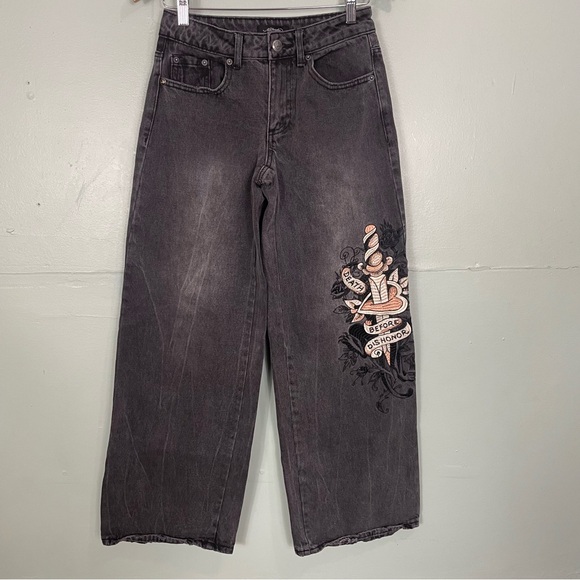 Ed Hardy Denim - Ed Hardy Loose Wide Leg Jeans Death Before Dishonor Patch Logo Black Women Sz 24